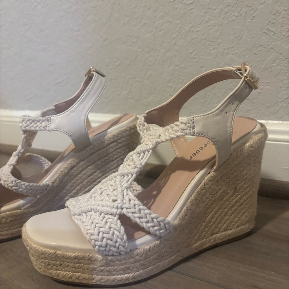 Elegant Cream Woven Wedge Sandals